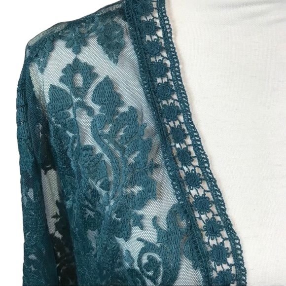 S/M Umgee Long lace open cardigan dark teal - Picture 7 of 8